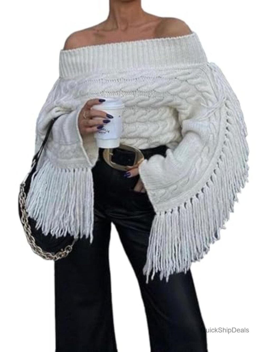 Off Shoulder Fringe Cropped Sweater Long Sleeve Y2K Knit Tassel Top